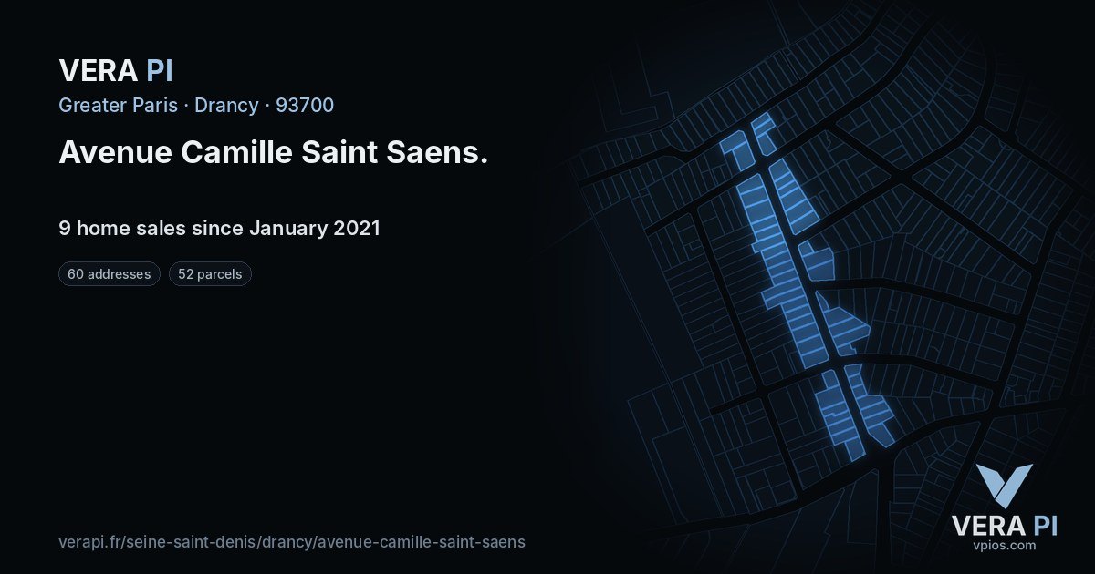 Avenue Camille Saint Saens, Drancy at night – every parcel coloured by the prices around it, the street's own parcels lit