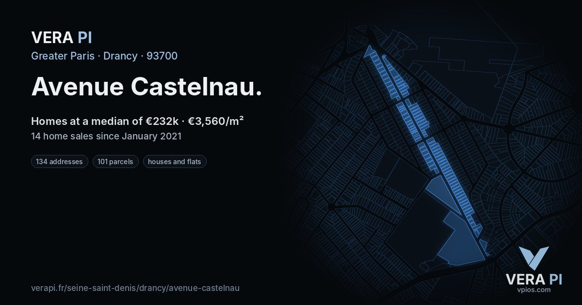 Avenue Castelnau, Drancy at night – every parcel coloured by the prices around it, the street's own parcels lit
