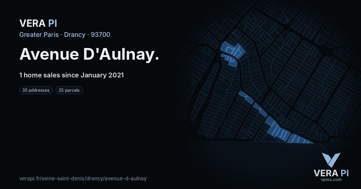 Avenue D'Aulnay, Drancy at night – every parcel coloured by the prices around it, the street's own parcels lit