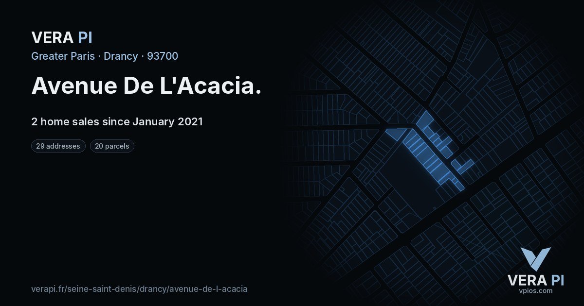 Avenue De L'Acacia, Drancy at night – every parcel coloured by the prices around it, the street's own parcels lit