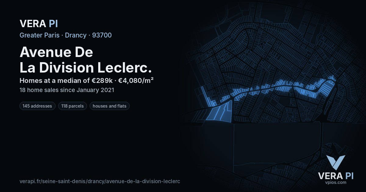 Avenue De La Division Leclerc, Drancy at night – every parcel coloured by the prices around it, the street's own parcels lit