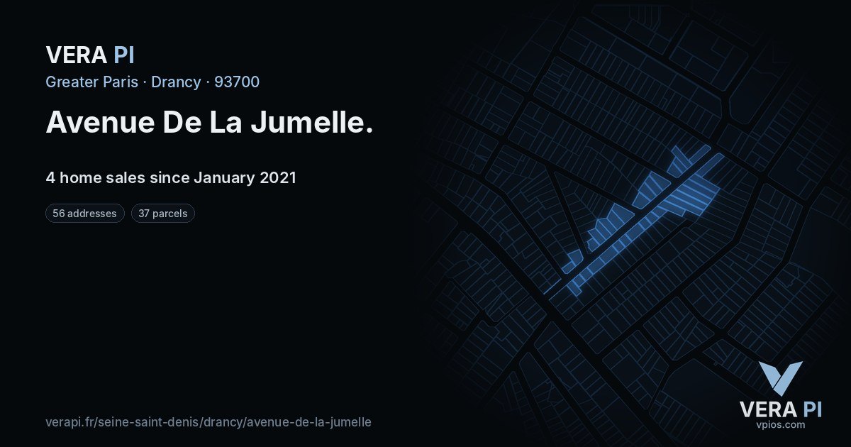 Avenue De La Jumelle, Drancy at night – every parcel coloured by the prices around it, the street's own parcels lit
