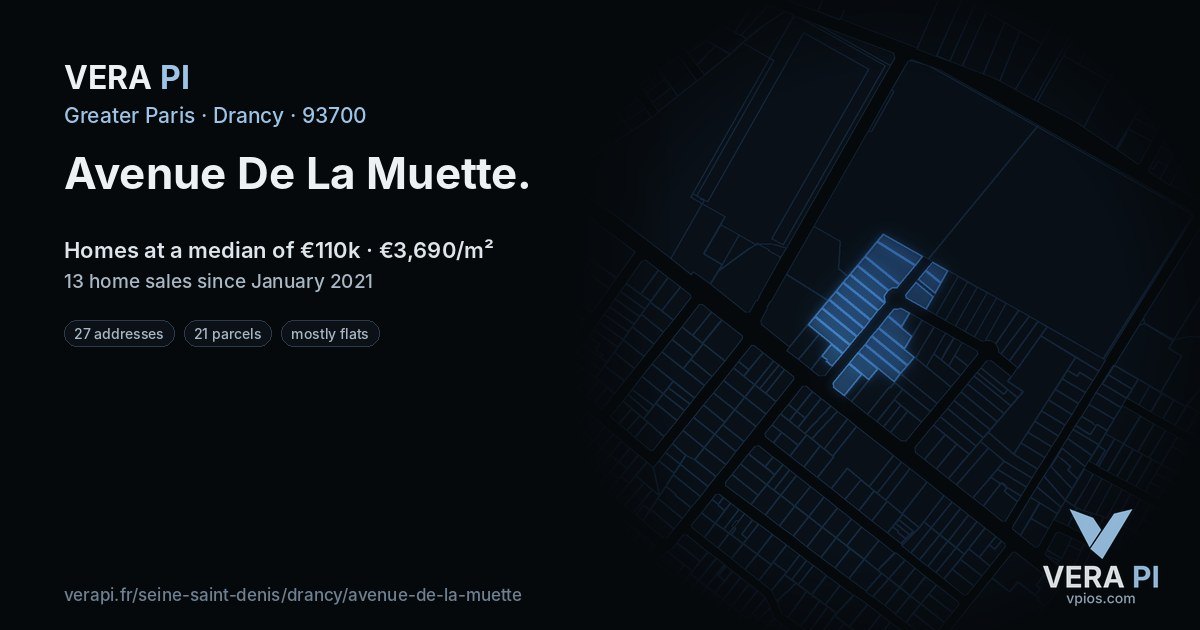 Avenue De La Muette, Drancy at night – every parcel coloured by the prices around it, the street's own parcels lit