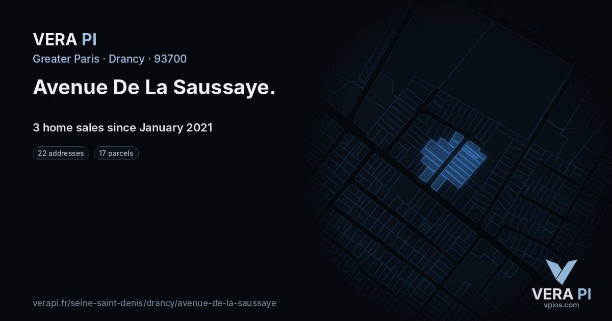 Avenue De La Saussaye, Drancy at night – every parcel coloured by the prices around it, the street's own parcels lit