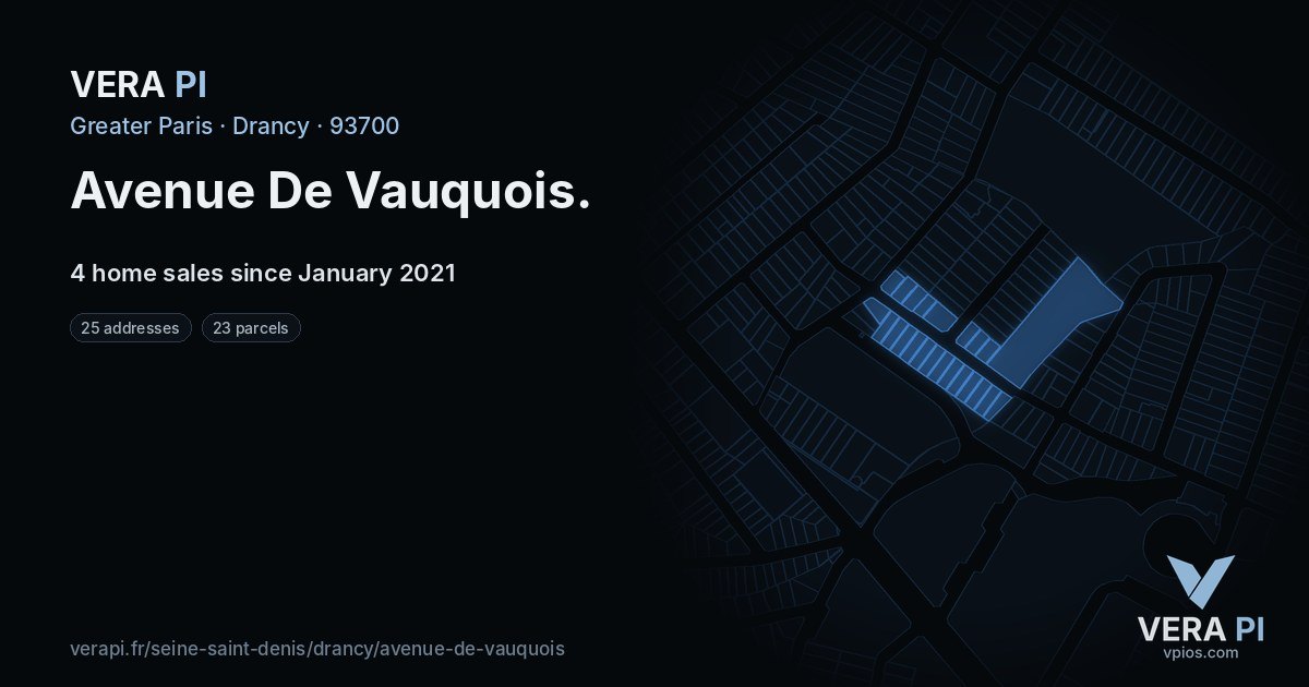 Avenue De Vauquois, Drancy at night – every parcel coloured by the prices around it, the street's own parcels lit