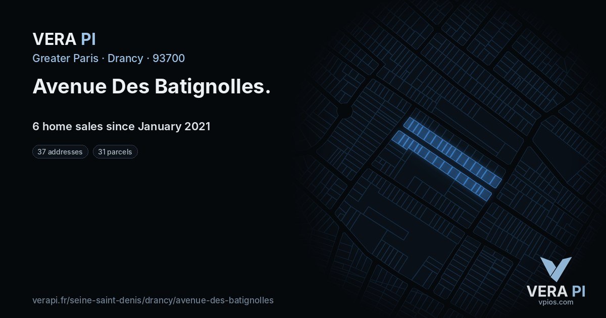 Avenue Des Batignolles, Drancy at night – every parcel coloured by the prices around it, the street's own parcels lit