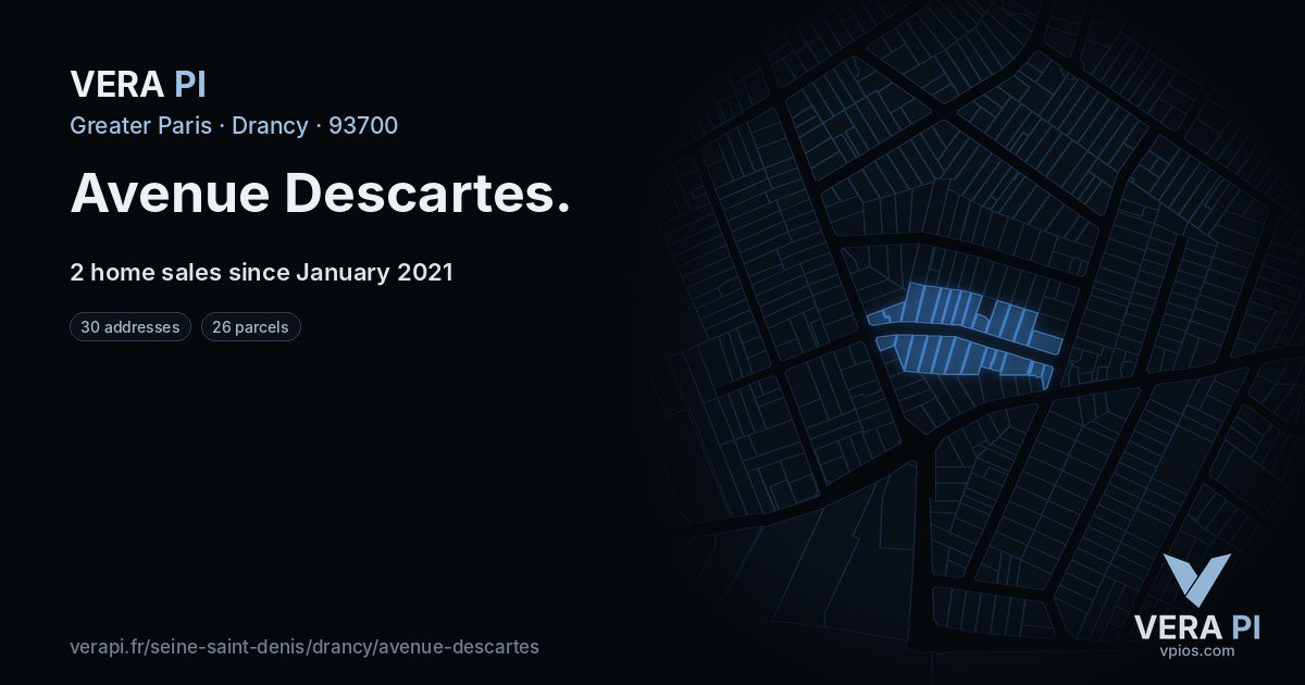 Avenue Descartes, Drancy at night – every parcel coloured by the prices around it, the street's own parcels lit