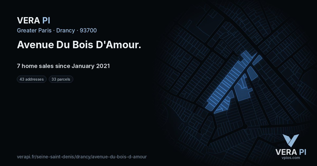 Avenue Du Bois D'Amour, Drancy at night – every parcel coloured by the prices around it, the street's own parcels lit