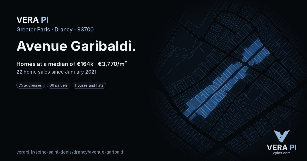 Avenue Garibaldi, Drancy at night – every parcel coloured by the prices around it, the street's own parcels lit