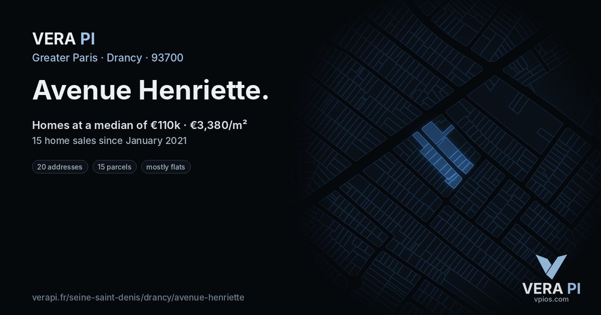 Avenue Henriette, Drancy at night – every parcel coloured by the prices around it, the street's own parcels lit
