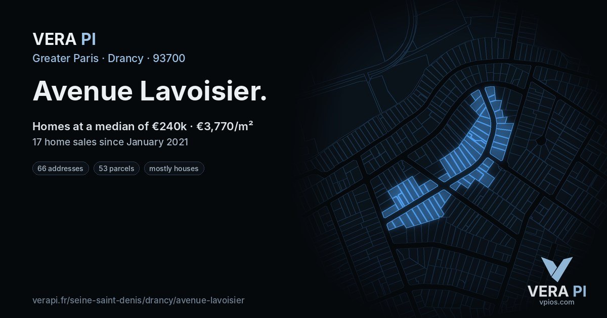 Avenue Lavoisier, Drancy at night – every parcel coloured by the prices around it, the street's own parcels lit