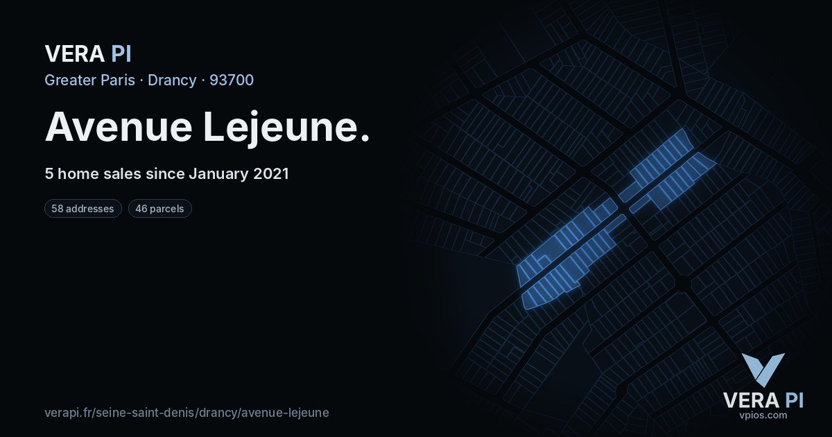 Avenue Lejeune, Drancy at night – every parcel coloured by the prices around it, the street's own parcels lit