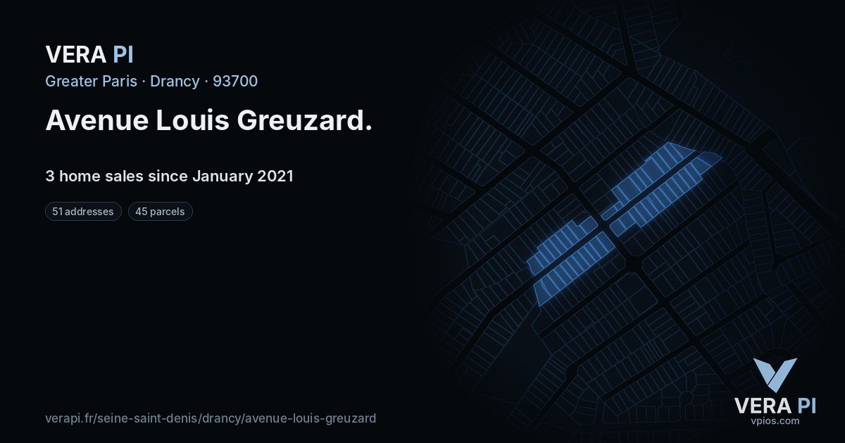 Avenue Louis Greuzard, Drancy at night – every parcel coloured by the prices around it, the street's own parcels lit