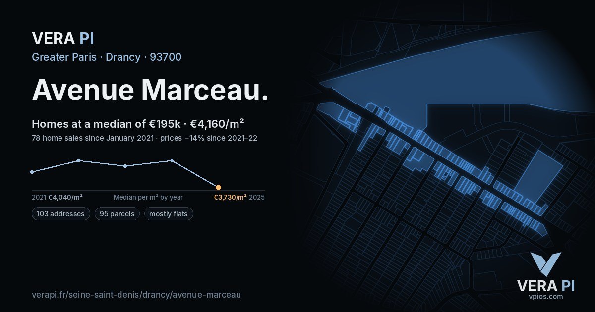 Avenue Marceau, Drancy at night – every parcel coloured by the prices around it, the street's own parcels lit