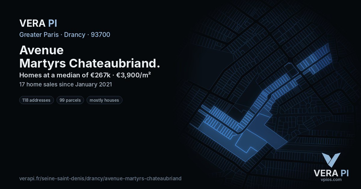 Avenue Martyrs Chateaubriand, Drancy at night – every parcel coloured by the prices around it, the street's own parcels lit