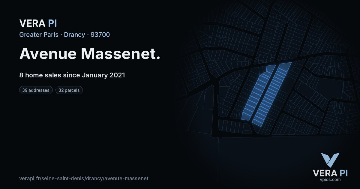 Avenue Massenet, Drancy at night – every parcel coloured by the prices around it, the street's own parcels lit