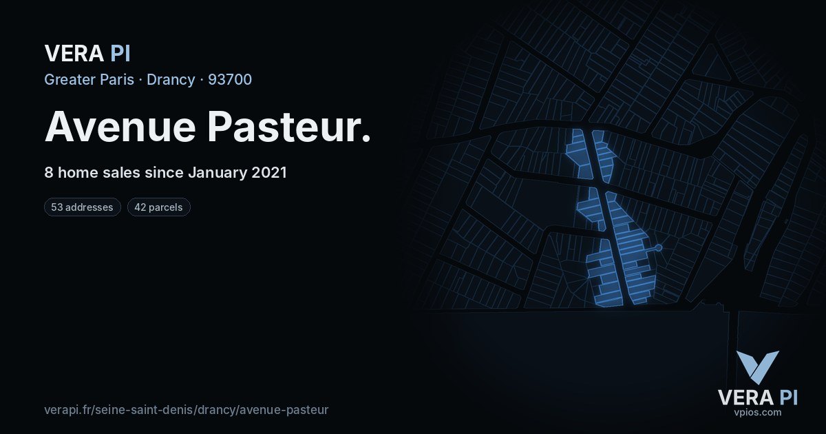 Avenue Pasteur, Drancy at night – every parcel coloured by the prices around it, the street's own parcels lit