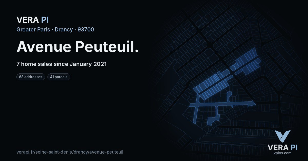 Avenue Peuteuil, Drancy at night – every parcel coloured by the prices around it, the street's own parcels lit