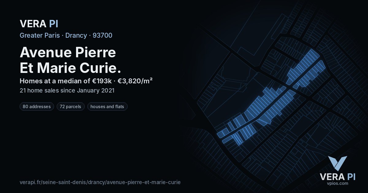 Avenue Pierre Et Marie Curie, Drancy at night – every parcel coloured by the prices around it, the street's own parcels lit