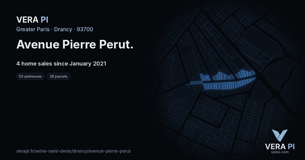 Avenue Pierre Perut, Drancy at night – every parcel coloured by the prices around it, the street's own parcels lit