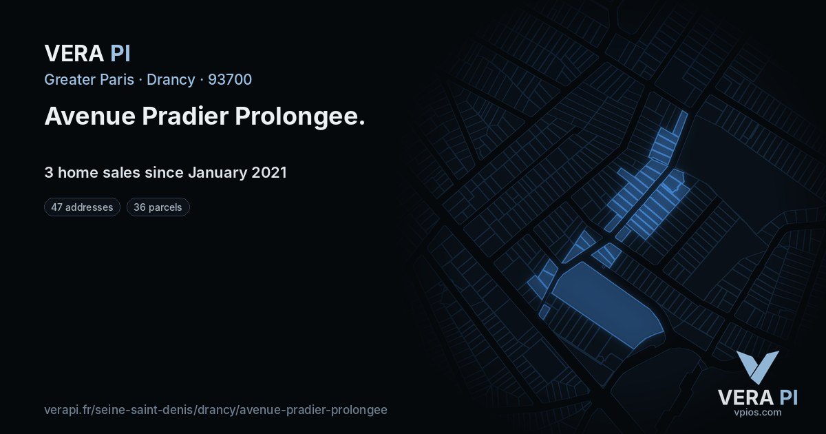 Avenue Pradier Prolongee, Drancy at night – every parcel coloured by the prices around it, the street's own parcels lit