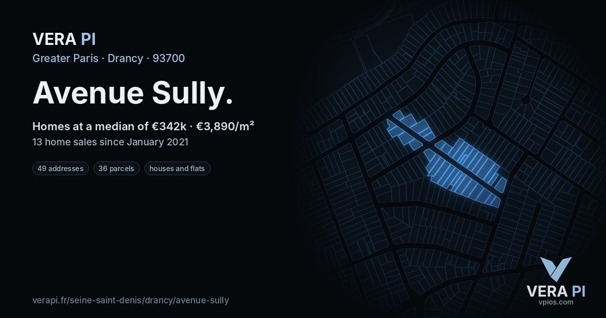 Avenue Sully, Drancy at night – every parcel coloured by the prices around it, the street's own parcels lit
