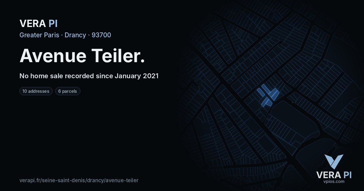 Avenue Teiler, Drancy at night – every parcel coloured by the prices around it, the street's own parcels lit