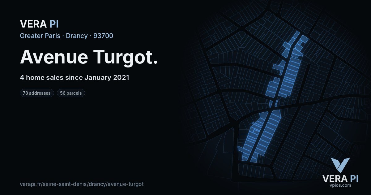Avenue Turgot, Drancy at night – every parcel coloured by the prices around it, the street's own parcels lit