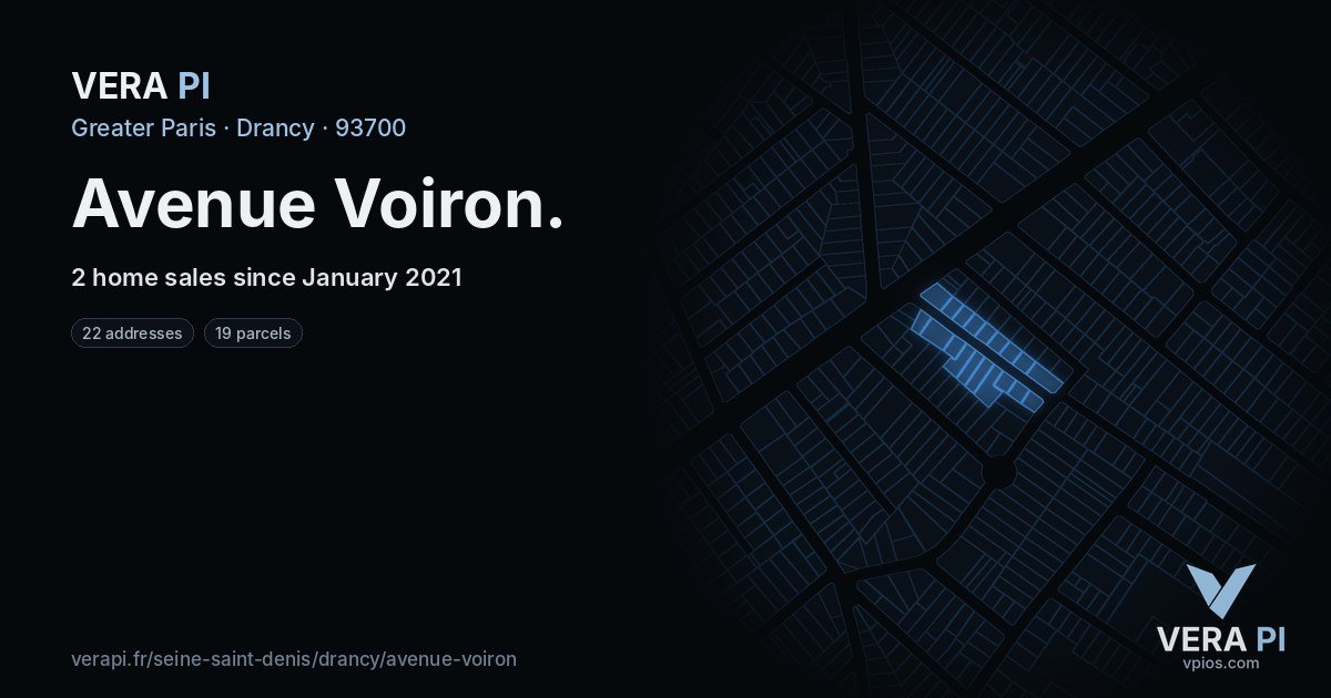 Avenue Voiron, Drancy at night – every parcel coloured by the prices around it, the street's own parcels lit