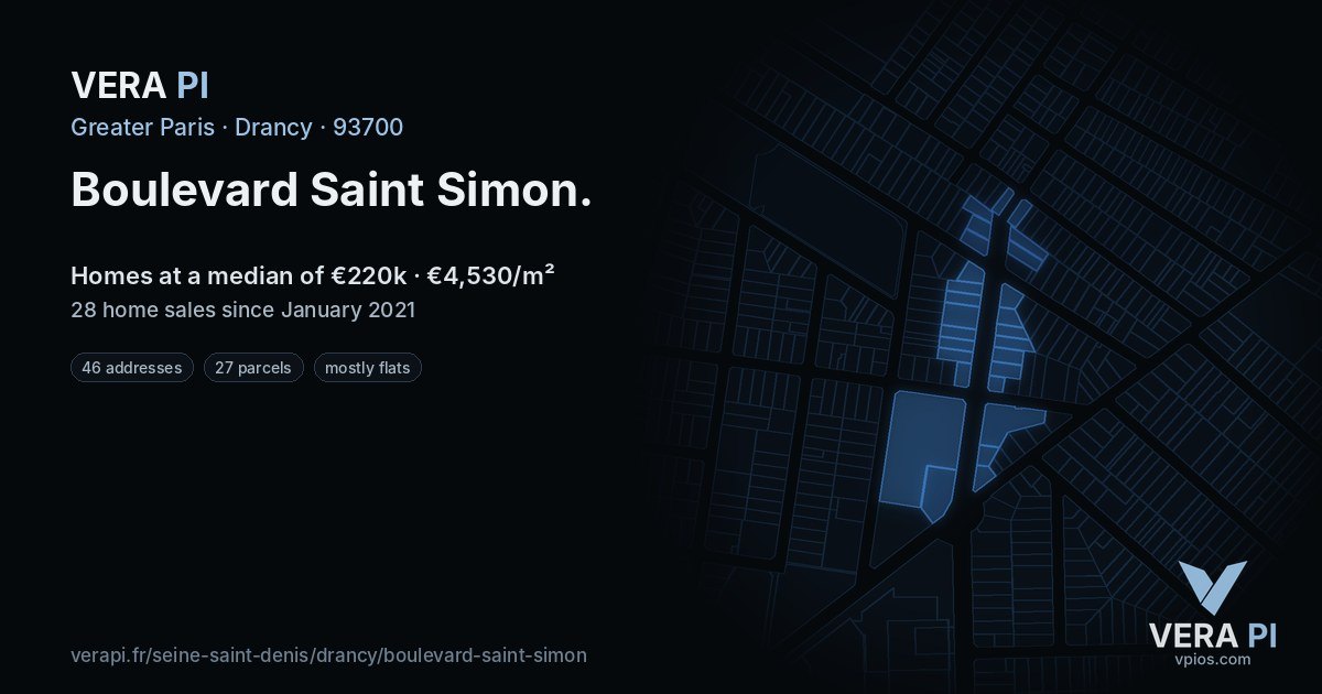 Boulevard Saint Simon, Drancy at night – every parcel coloured by the prices around it, the street's own parcels lit