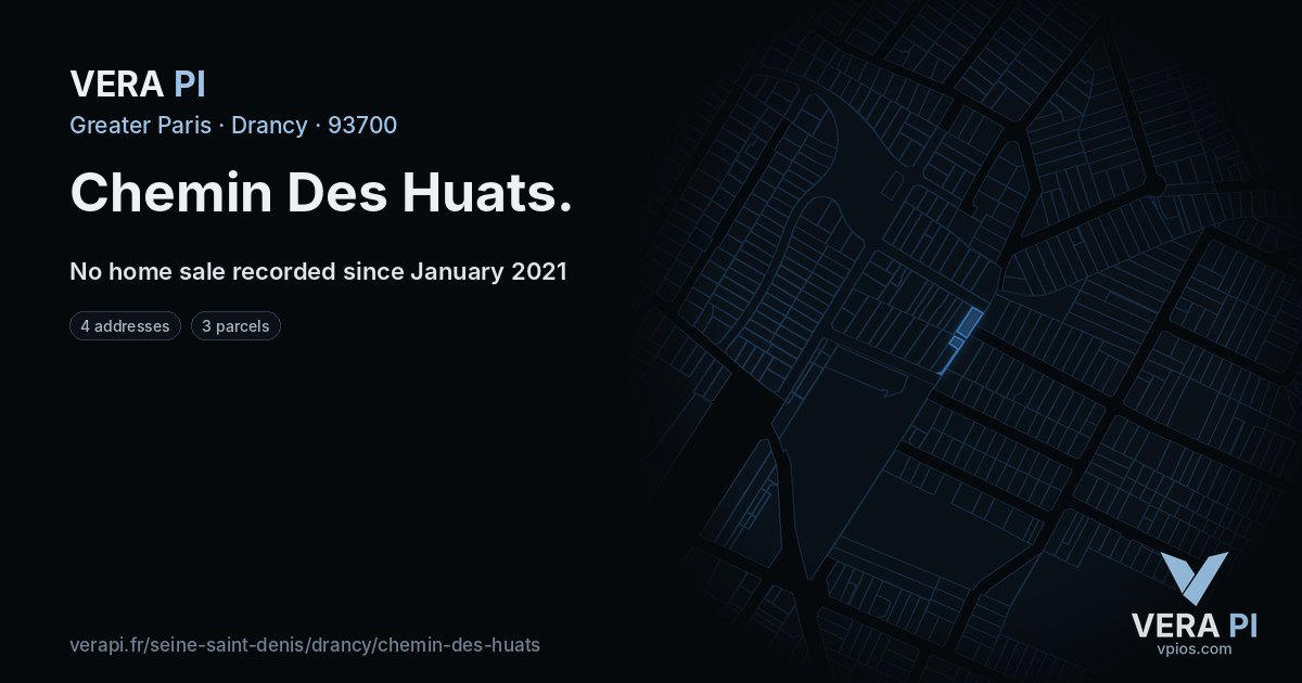 Chemin Des Huats, Drancy at night – every parcel coloured by the prices around it, the street's own parcels lit