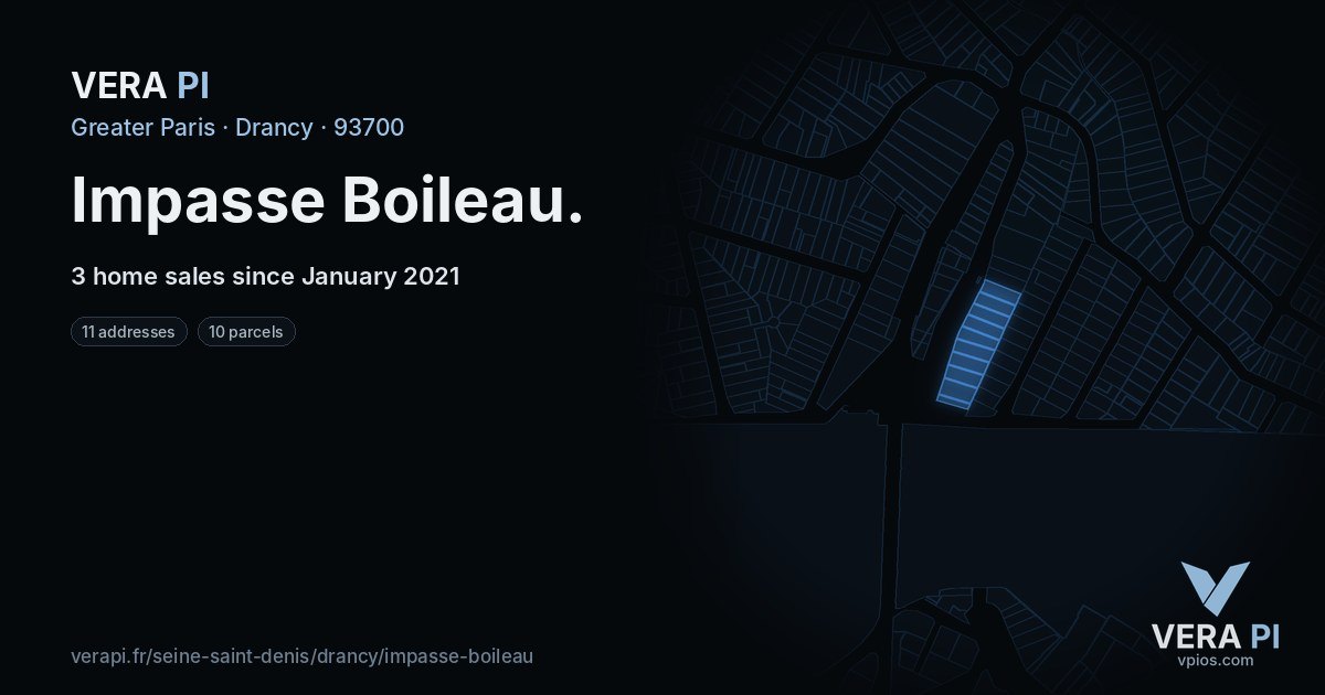 Impasse Boileau, Drancy at night – every parcel coloured by the prices around it, the street's own parcels lit