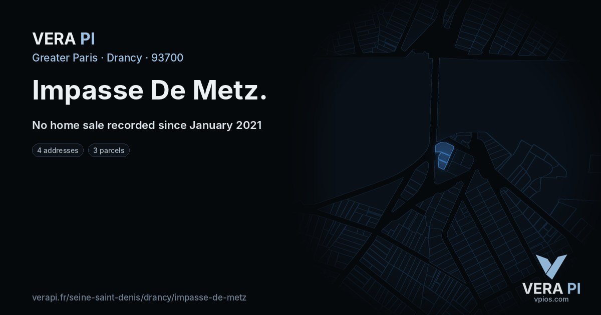 Impasse De Metz, Drancy at night – every parcel coloured by the prices around it, the street's own parcels lit
