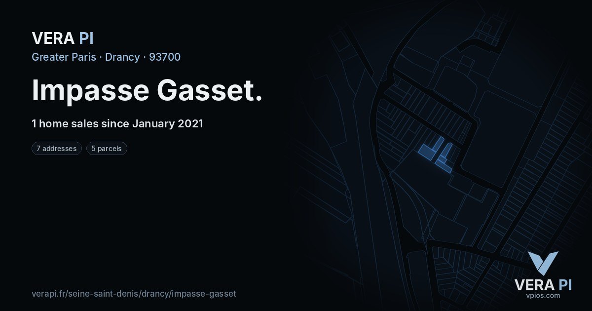 Impasse Gasset, Drancy at night – every parcel coloured by the prices around it, the street's own parcels lit