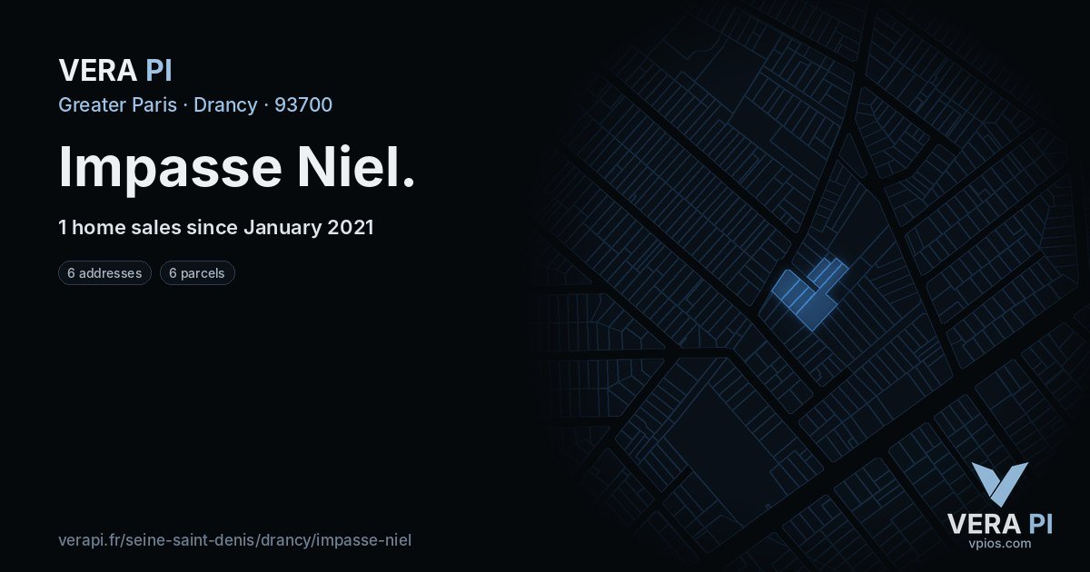 Impasse Niel, Drancy at night – every parcel coloured by the prices around it, the street's own parcels lit