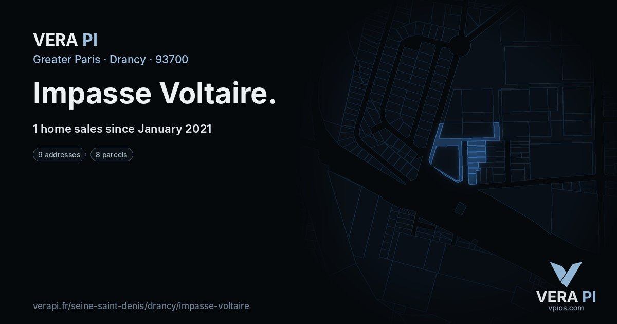 Impasse Voltaire, Drancy at night – every parcel coloured by the prices around it, the street's own parcels lit