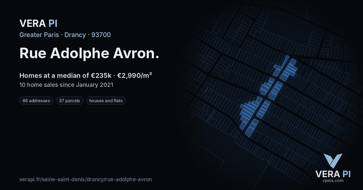 Rue Adolphe Avron, Drancy at night – every parcel coloured by the prices around it, the street's own parcels lit