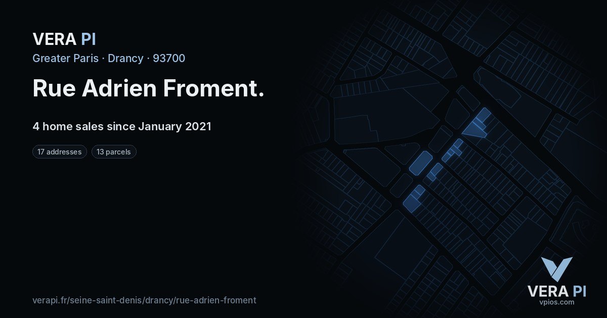 Rue Adrien Froment, Drancy at night – every parcel coloured by the prices around it, the street's own parcels lit