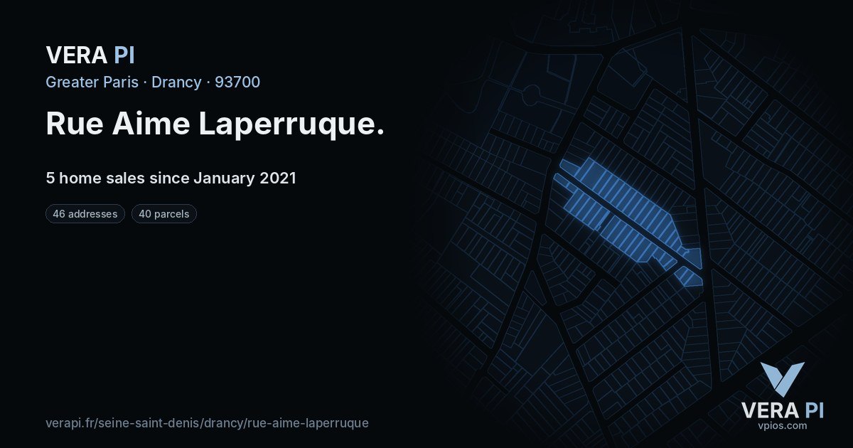 Rue Aime Laperruque, Drancy at night – every parcel coloured by the prices around it, the street's own parcels lit