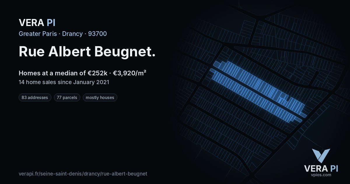 Rue Albert Beugnet, Drancy at night – every parcel coloured by the prices around it, the street's own parcels lit