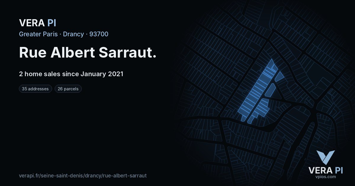 Rue Albert Sarraut, Drancy at night – every parcel coloured by the prices around it, the street's own parcels lit