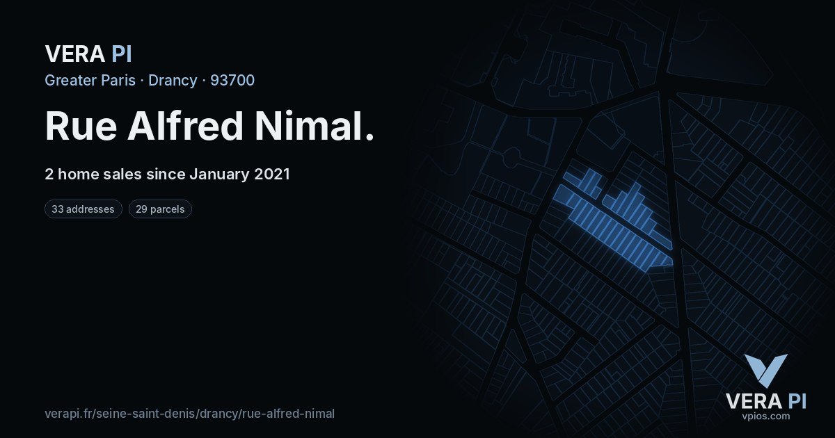 Rue Alfred Nimal, Drancy at night – every parcel coloured by the prices around it, the street's own parcels lit