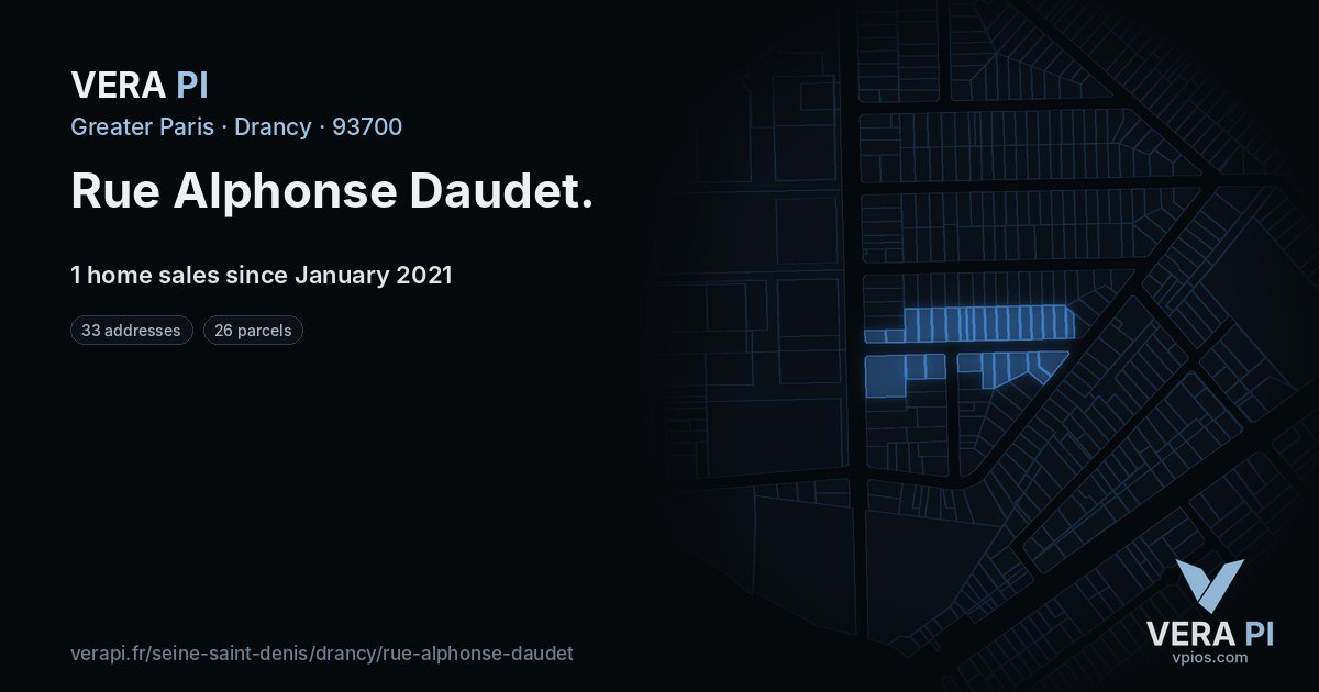 Rue Alphonse Daudet, Drancy at night – every parcel coloured by the prices around it, the street's own parcels lit