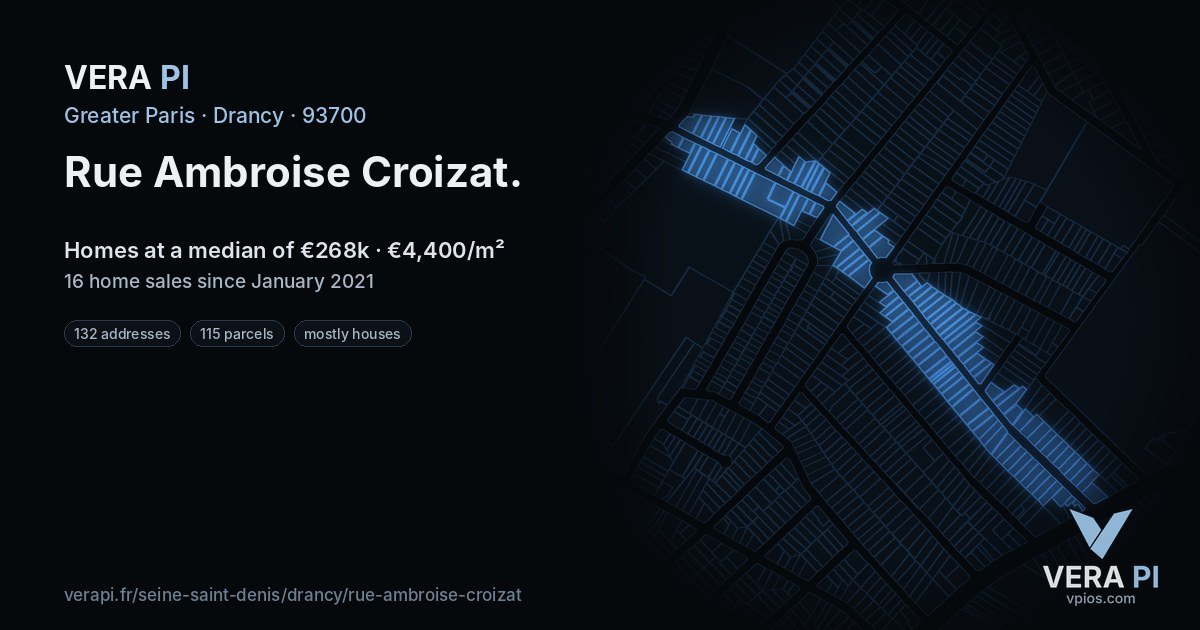 Rue Ambroise Croizat, Drancy at night – every parcel coloured by the prices around it, the street's own parcels lit