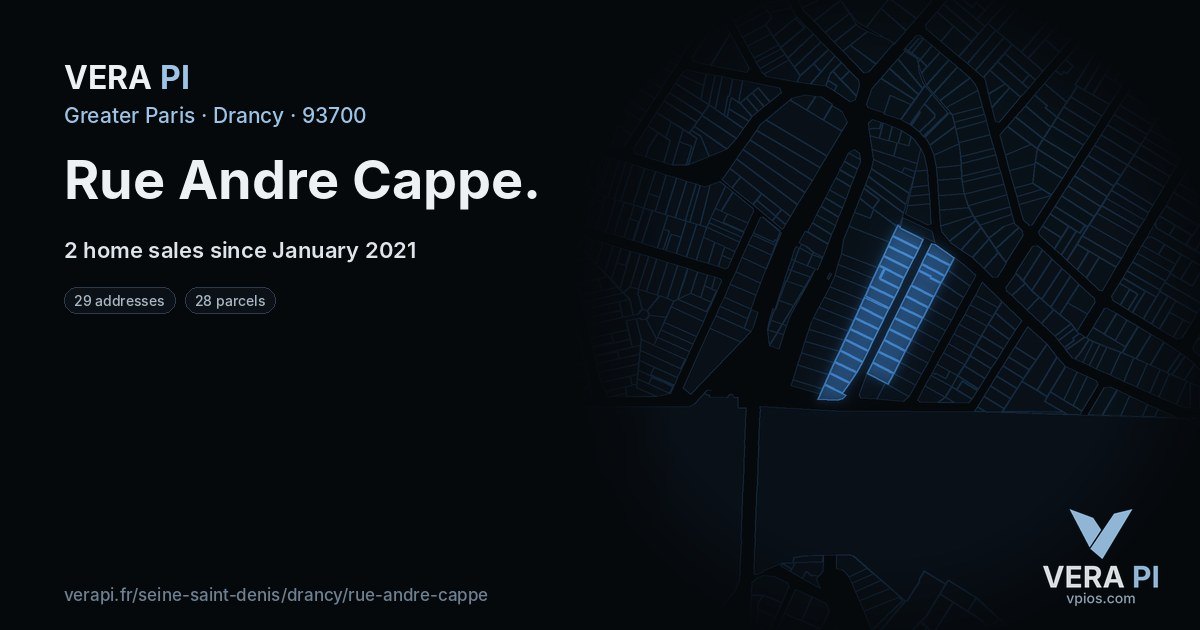 Rue Andre Cappe, Drancy at night – every parcel coloured by the prices around it, the street's own parcels lit