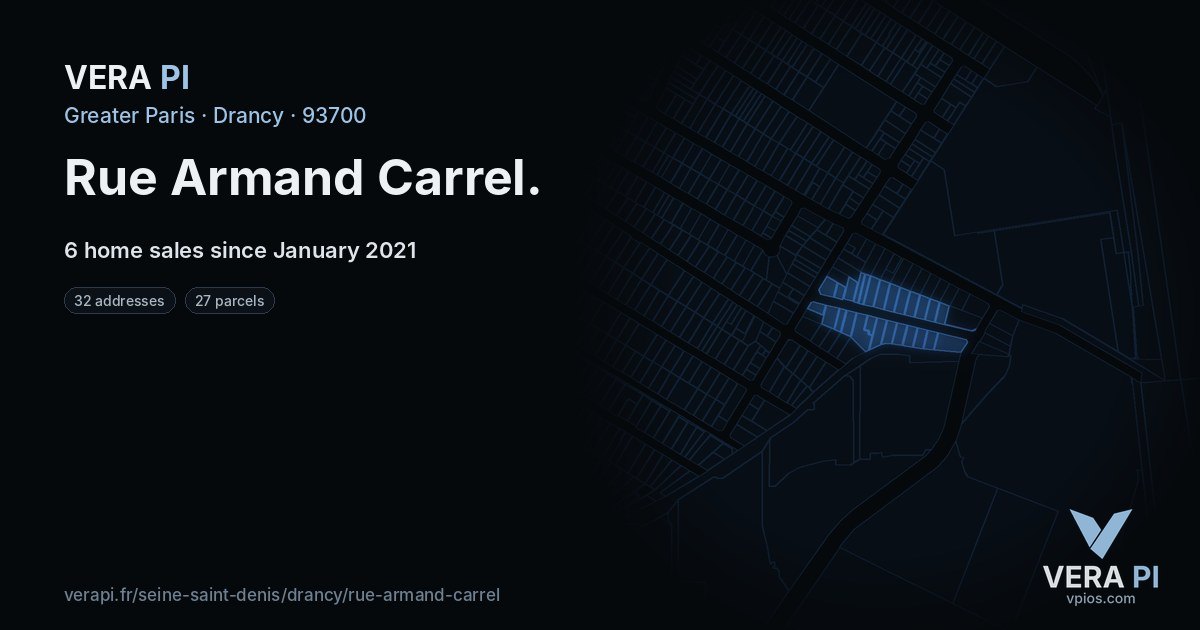 Rue Armand Carrel, Drancy at night – every parcel coloured by the prices around it, the street's own parcels lit