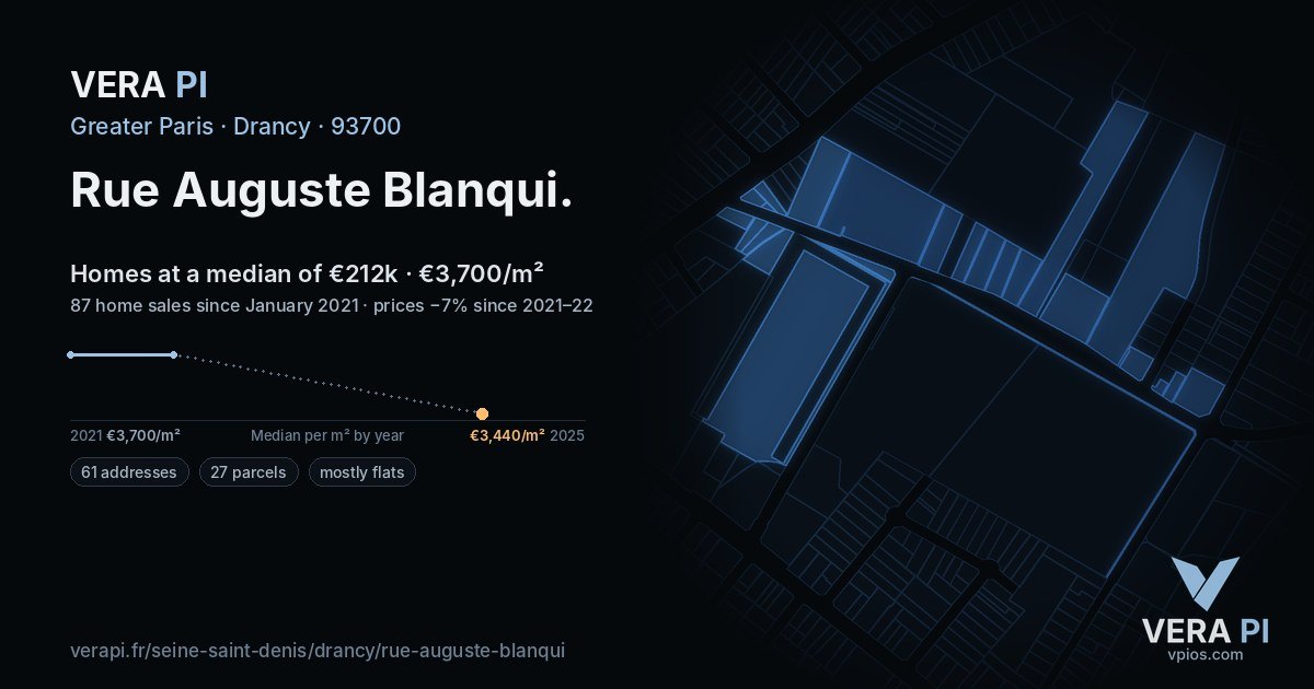 Rue Auguste Blanqui, Drancy at night – every parcel coloured by the prices around it, the street's own parcels lit