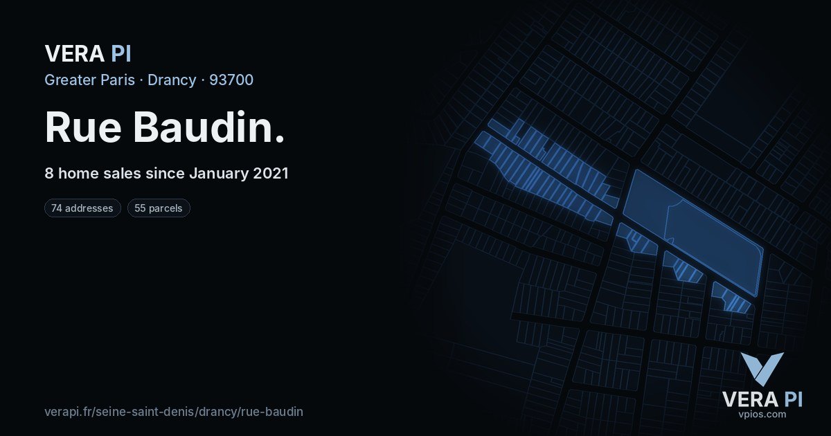 Rue Baudin, Drancy at night – every parcel coloured by the prices around it, the street's own parcels lit