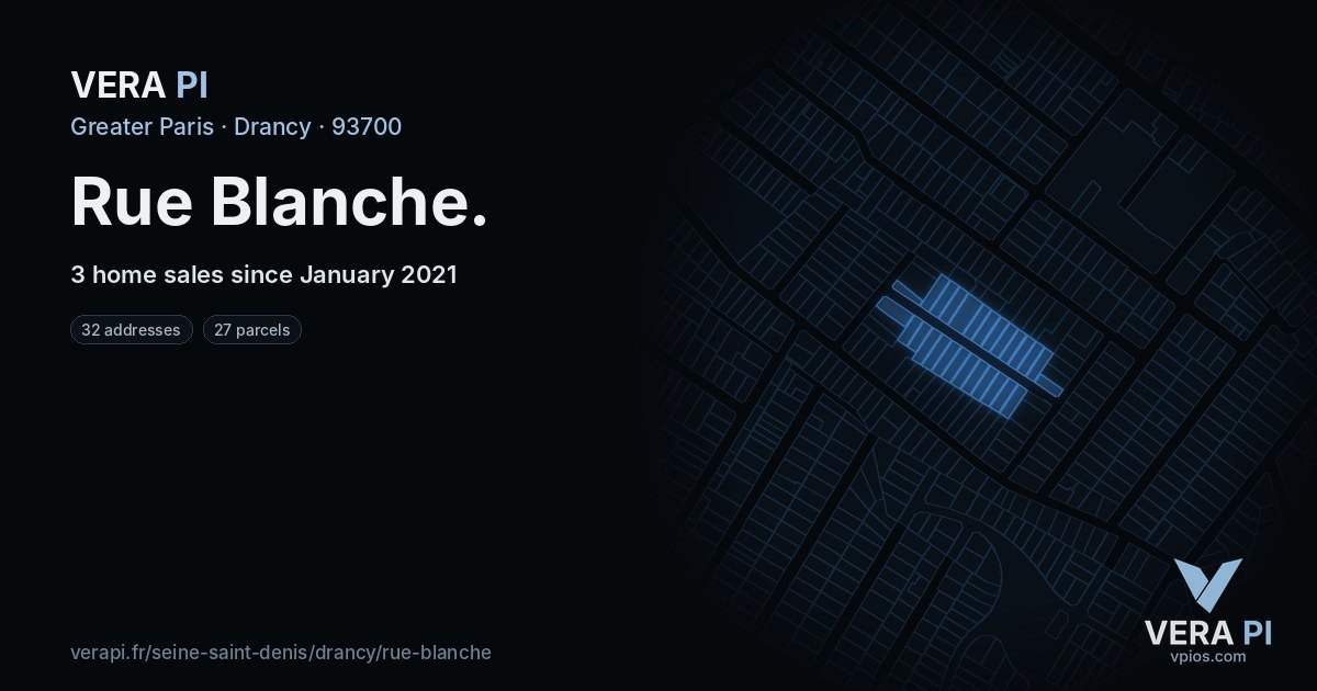Rue Blanche, Drancy at night – every parcel coloured by the prices around it, the street's own parcels lit