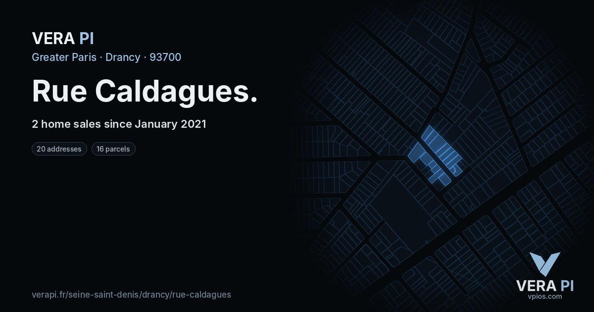 Rue Caldagues, Drancy at night – every parcel coloured by the prices around it, the street's own parcels lit
